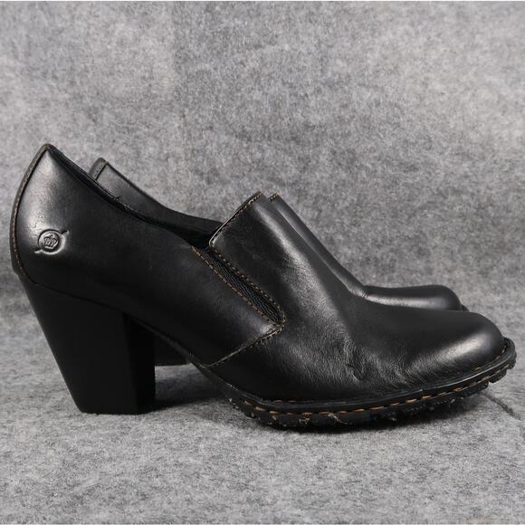 Born Shoes Womens 7 Pumps Leather Slip On Fashion Chunky Heel Career Black Boot - Picture 1 of 13